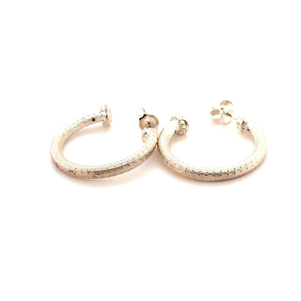 CHAM Sterling Silver Textured Hoop Earrings with Bezel Set Clear Stone Accents